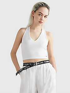 white fitted rib knit halter neck top for women tommy jeans