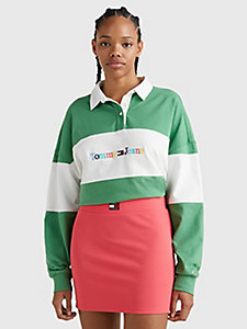 camiseta de rugby color block con logo verde de mujer tommy jeans