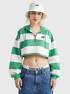 groen gestreepte cropped hoodie met 1/4-rits voor dames - tommy jeans