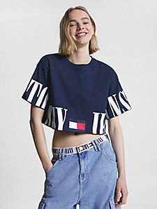 t-shirt crop con logo oversize blu da donna tommy jeans