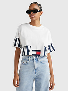 t-shirt crop con logo oversize bianco da donna tommy jeans