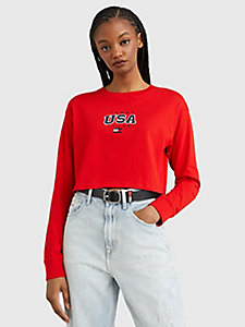 t-shirt court à manches longues et logo brodé rouge pour femmes tommy jeans