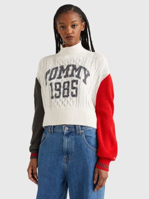 officiel Civic Forkorte Colour-Blocked Cropped Cable Knit Jumper | WHITE | Tommy Hilfiger