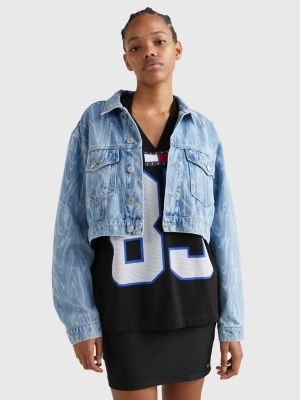 Oversized Swirl Hooded Denim Jacket