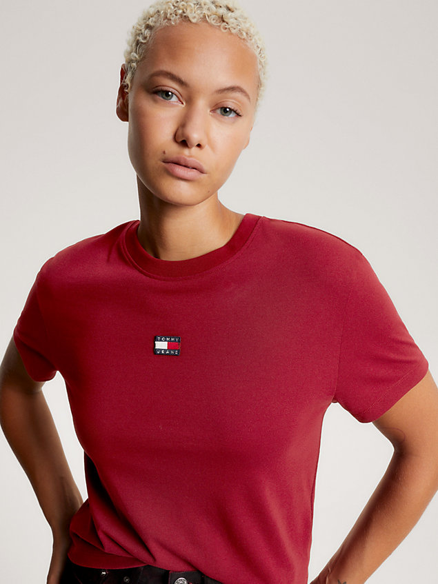 red recycled classic fit badge t-shirt for women tommy jeans