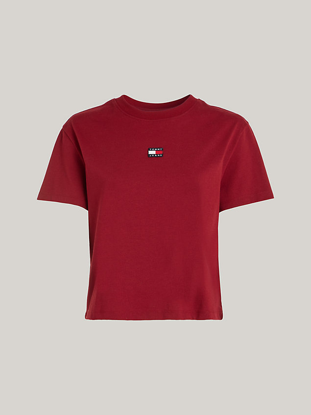 red gerecycled classic fit t-shirt met badge voor dames - tommy jeans