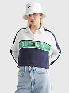 blau cropped fit rugby-shirt in color block für damen - tommy jeans