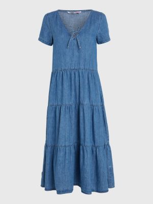 Essentials Damen Denim Kleid Langarm - Chambray Midikleid Mit Knopfleiste