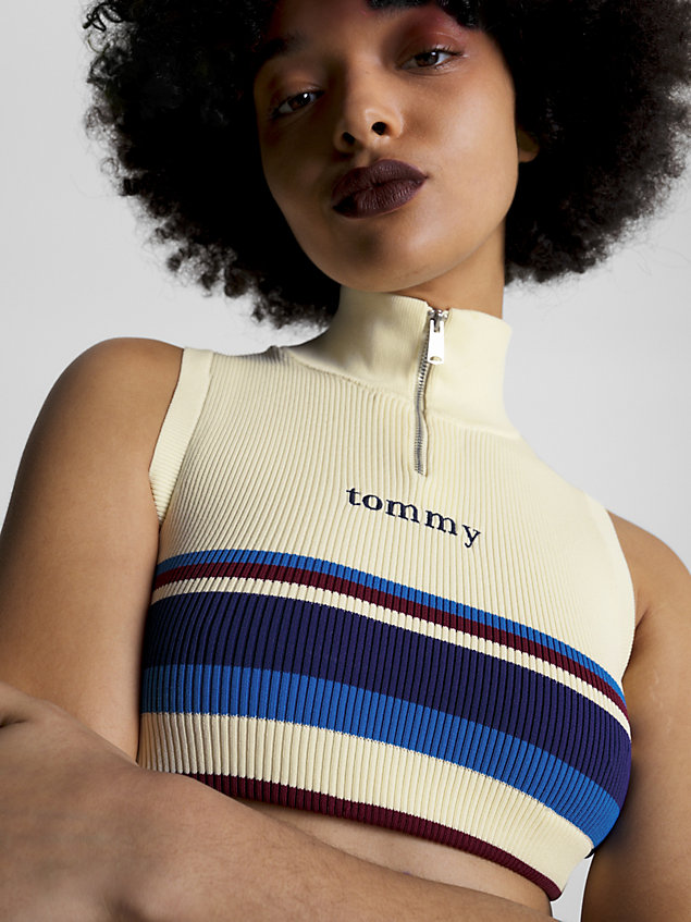 yellow stripe half-zip knitted racer top for women tommy jeans