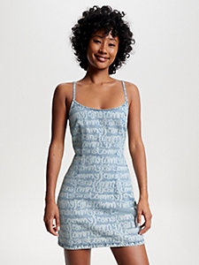 blue tie back spell-out logo dress for women tommy jeans