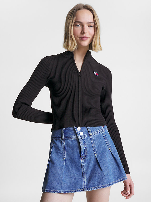 black slim fit reißverschluss-pullover mit badge für damen - tommy jeans