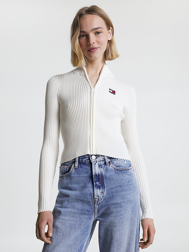 white badge zip-thru slim fit jumper for women tommy jeans