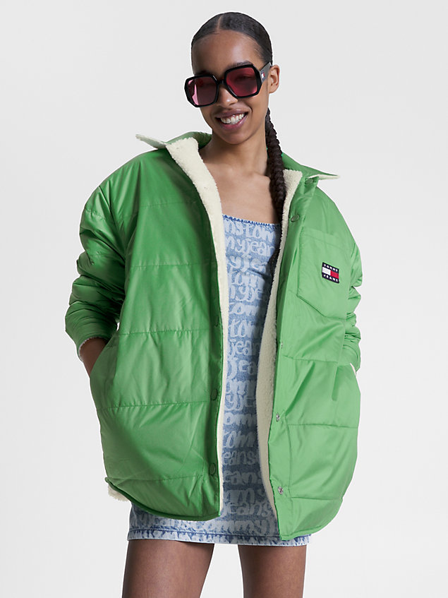 green reversible padded sherpa shacket for women tommy jeans