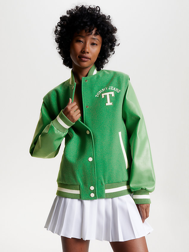 green zip-off sleeve letterman jacket for women tommy jeans