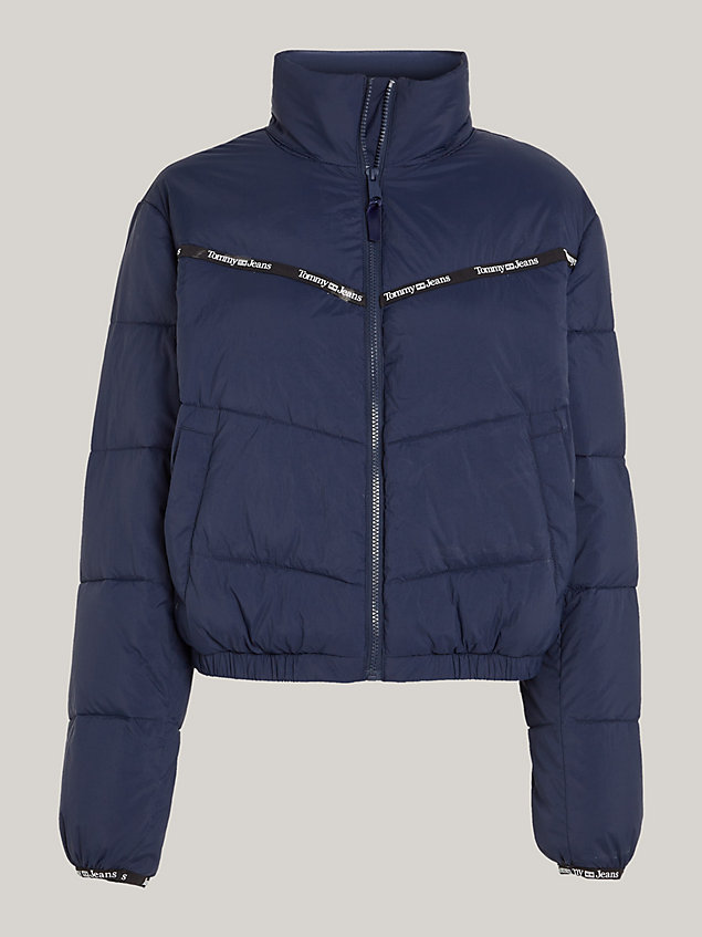 blue logo tape quilted recycled puffer jacket for women tommy jeans