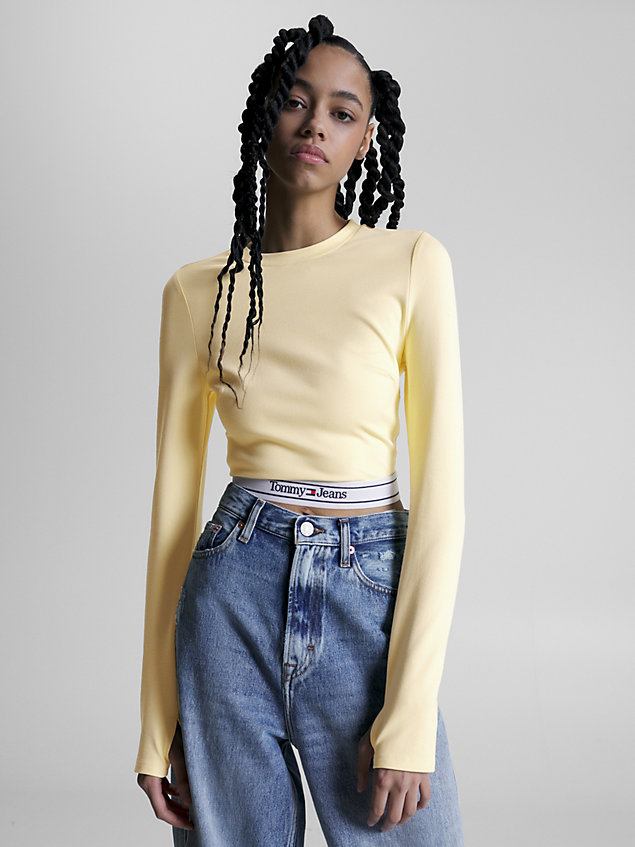 yellow crop top mit langen ärmeln und logo für damen - tommy jeans