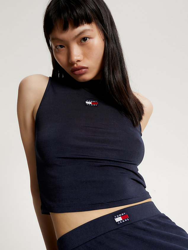 blue badge high neck cropped tank top for women tommy jeans