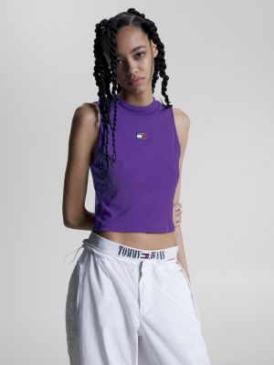 Badge High Neck Cropped Tank Hilfiger Tommy Purple Top | 