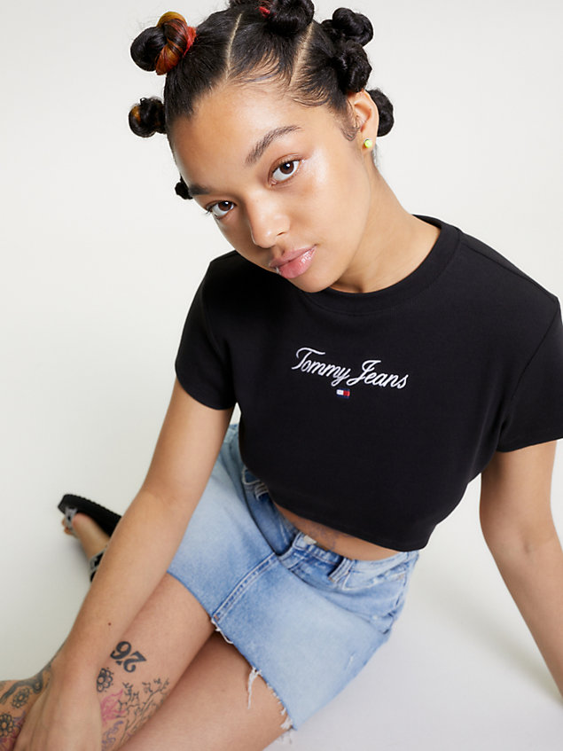 black essential ultra cropped fit t-shirt for women tommy jeans