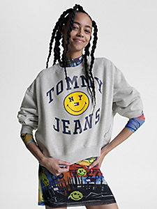 grau tommy jeans x smiley® boxy cropped fit sweatshirt für damen - tommy jeans