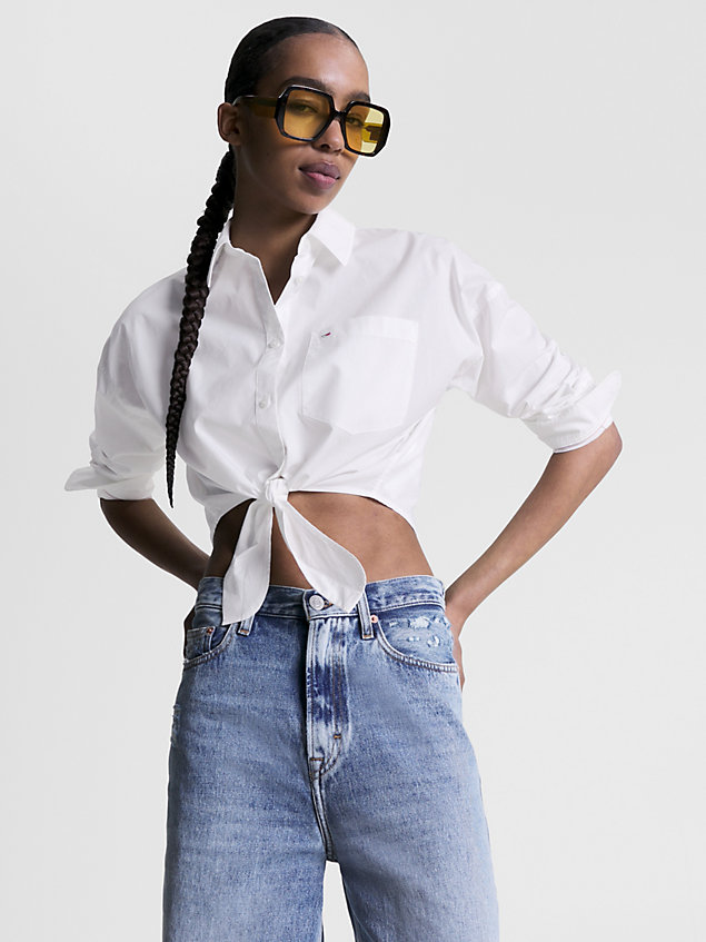 white cropped fit popeline-bluse mit knoten-detail für damen - tommy jeans