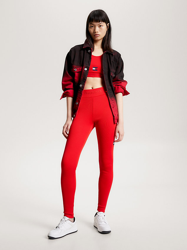 red essential ribbed full length leggings for women tommy jeans