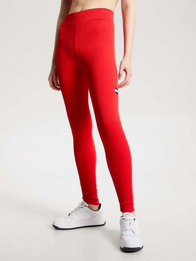 red essential gerippte leggings in voller länge für damen - tommy jeans