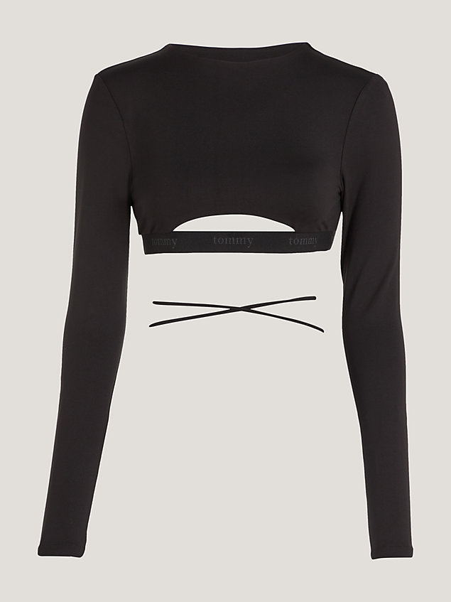 black backless cutout long-sleeve crop top for women tommy jeans