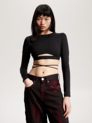 Zwarte crop top 2025 met lange mouwen