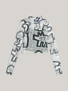 beige tommy x keith haring langarmshirt aus mesh mit ausstellungsposter-print für damen - tommy jeans