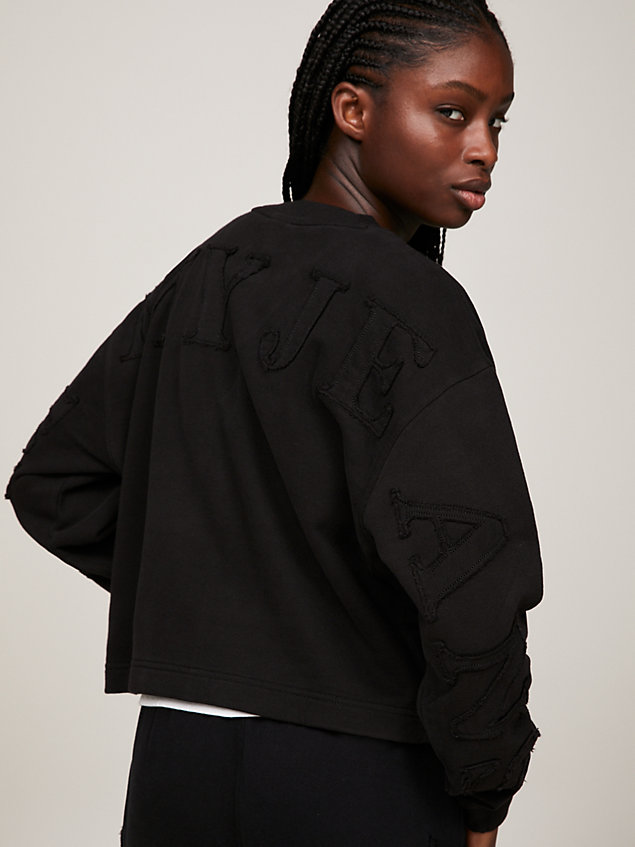 black cropped fit sweatshirt mit logo-applikation für damen - tommy jeans