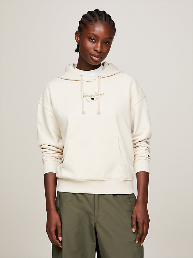 beige essential boxy fit hoodie mit logo für damen - tommy jeans