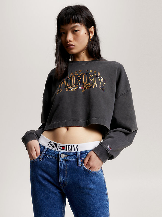 black varsity cropped logo sweatshirt for women tommy jeans