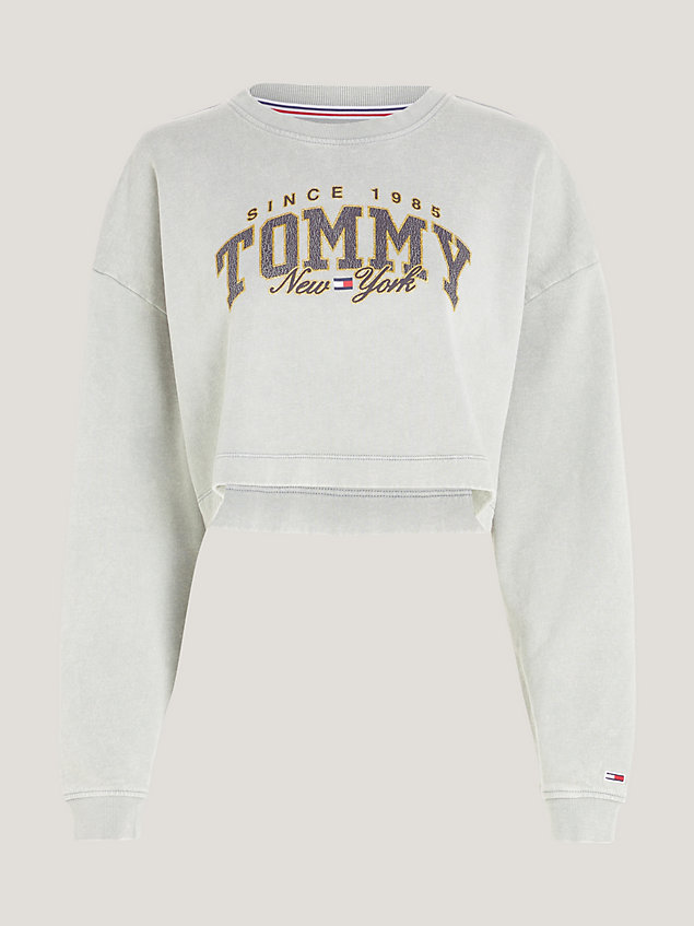 grey varsity cropped sweatshirt met logo voor dames - tommy jeans
