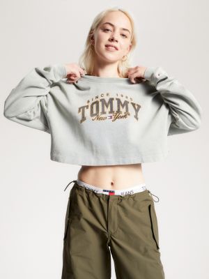 Tommy Hilfiger t-shirt bianca donna croppedfit in cotone con logo sul petto  e patch bandierina sulla manica