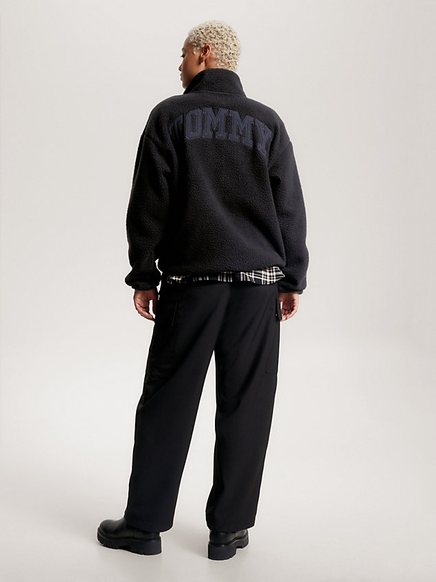 black varsity recycled polar fleece oversized popover for women tommy jeans