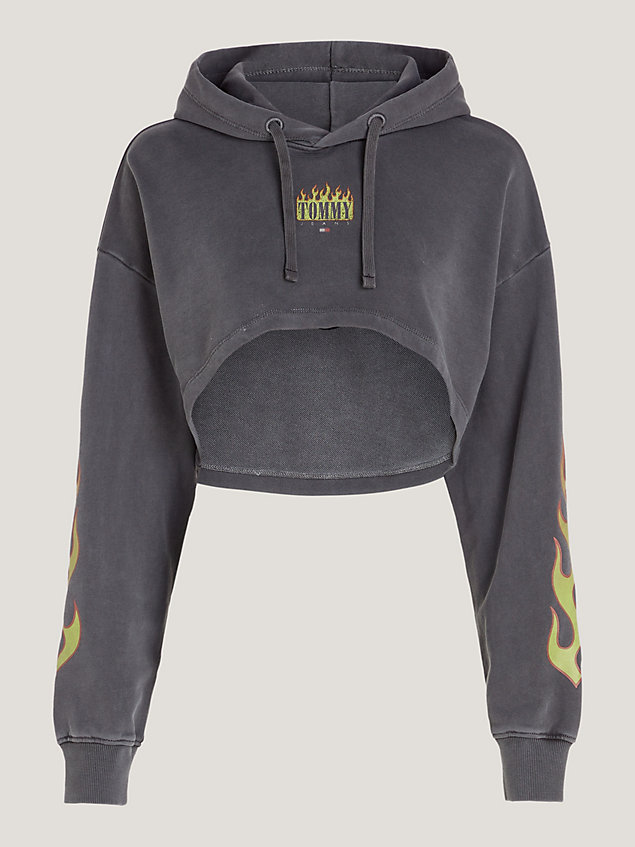 black cropped fit vintage-hoodie mit flammen-logo für damen - tommy jeans