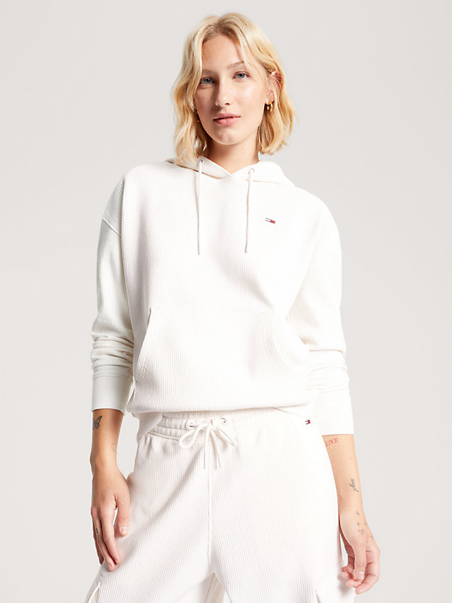 white boxy fit hoodie mit gerippter struktur für damen - tommy jeans