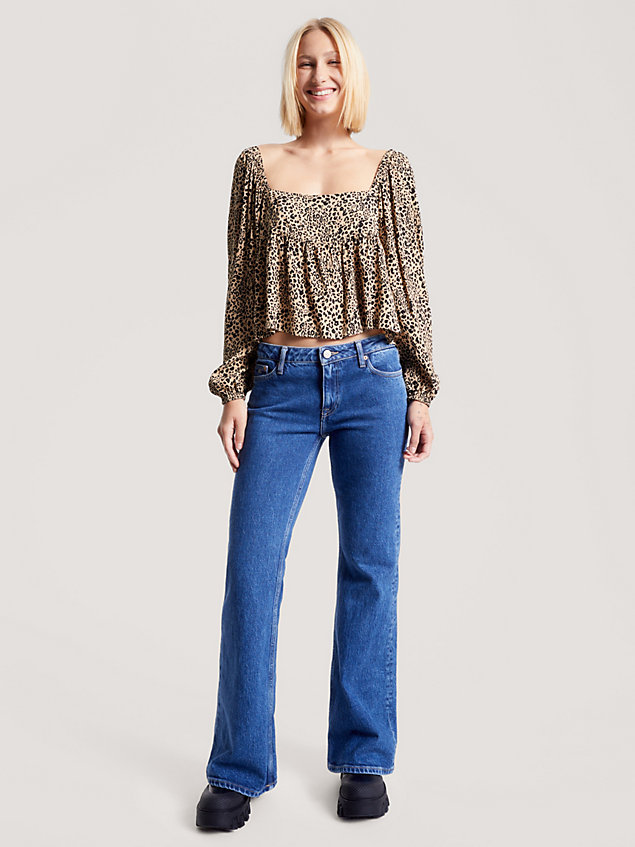 beige leopard print viscose peplum blouse for women tommy jeans
