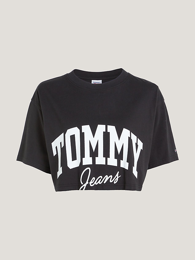black varsity cropped t-shirt met logo voor dames - tommy jeans
