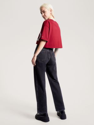 red varsity cropped t-shirt met logo voor dames - tommy jeans