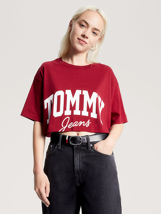 t-shirt crop varsity con logo red da donna tommy jeans