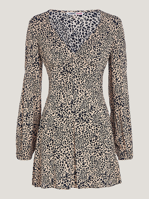 beige leopard print v-neck mini dress for women tommy jeans