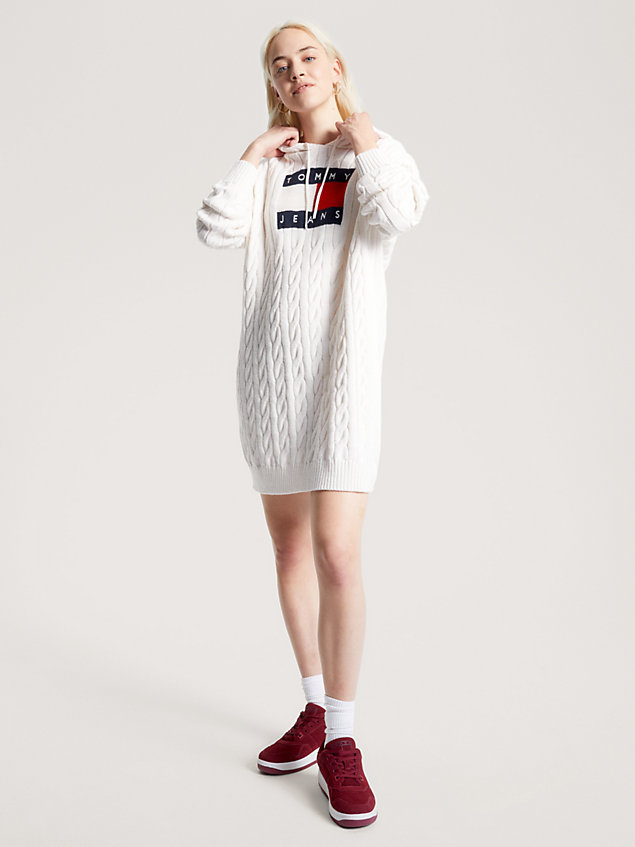 white cable knit hoody dress for women tommy jeans
