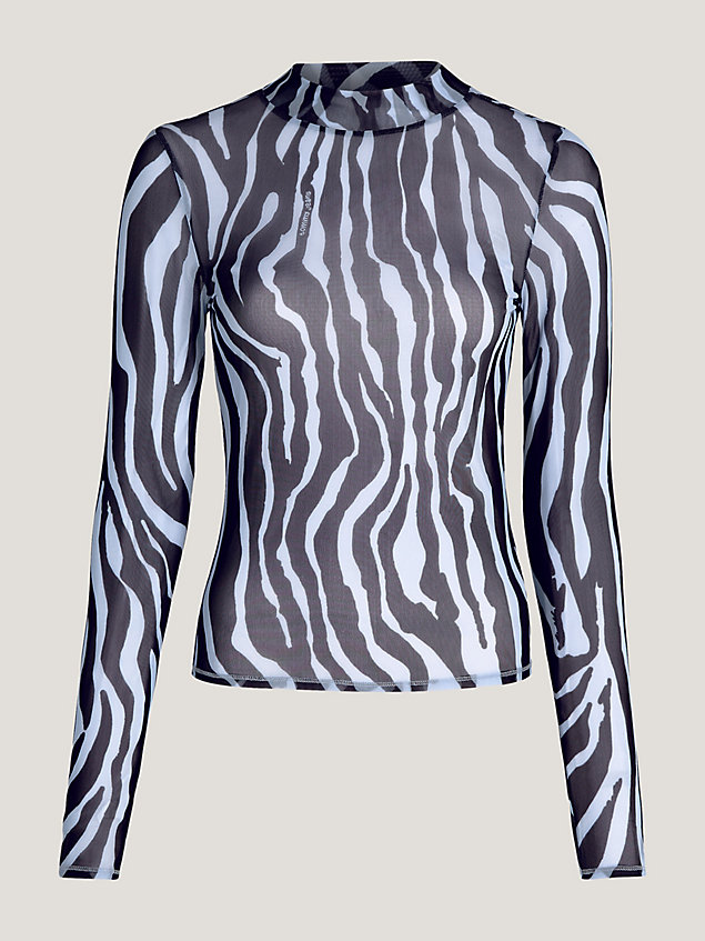 blue slim fit mesh top met zebraprint voor dames - tommy jeans