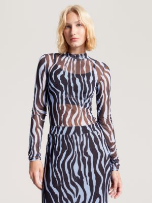 SIim Fit Zebra Print Mesh Top, Blue