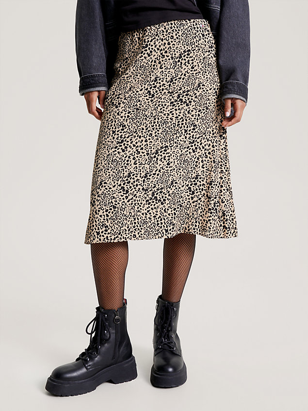 beige leopard print straight flare skirt for women tommy jeans