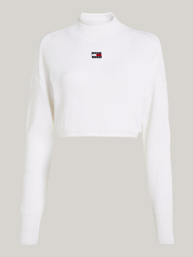 white krótki sweter z naszywką farbowany po uszyciu dla kobiety - tommy jeans