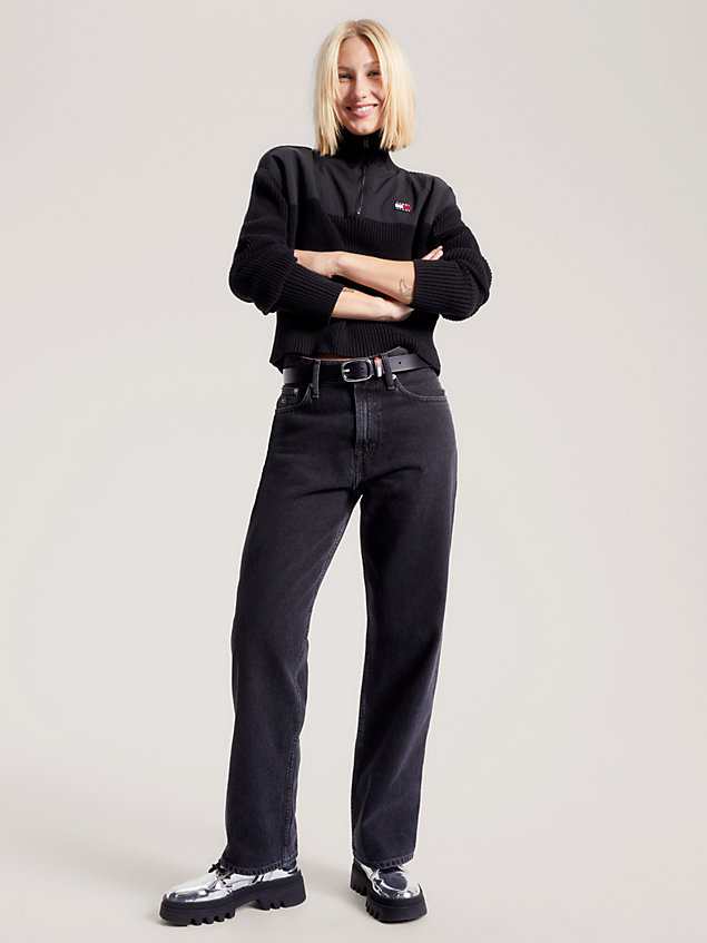 black ribgebreide trui met ritskraag voor dames - tommy jeans