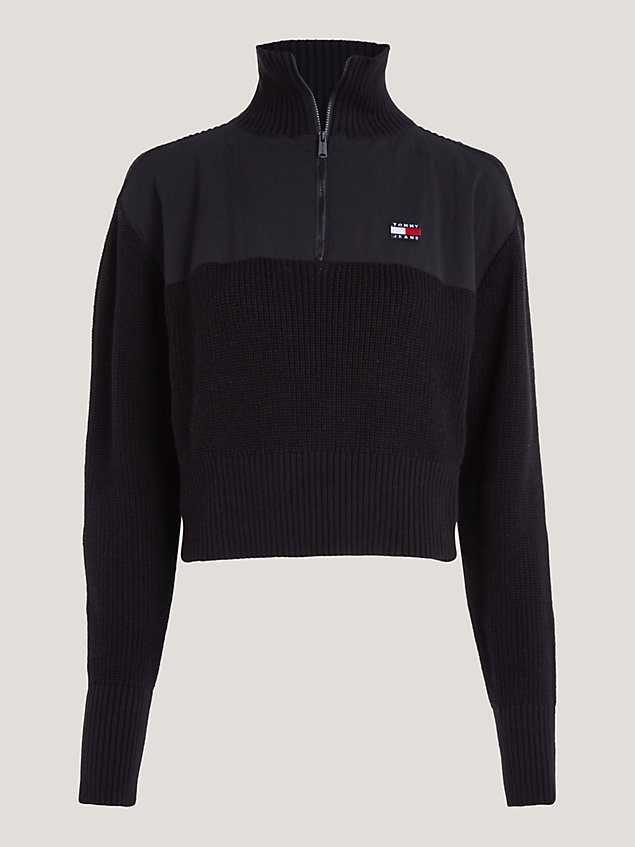 black half-zip high neck rib-knit jumper for women tommy jeans